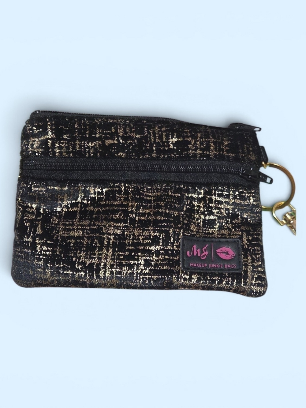 Makeup Junkie Bags Black & Gold Mini Zip Pouch with Keyring